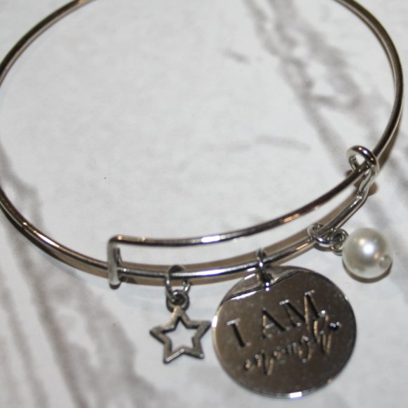 🌟 Silver ‘I AM ENOUGH’ Bangle Bracelet · Star & Pearl Accent · Empowered Minima - Picture 2 of 4